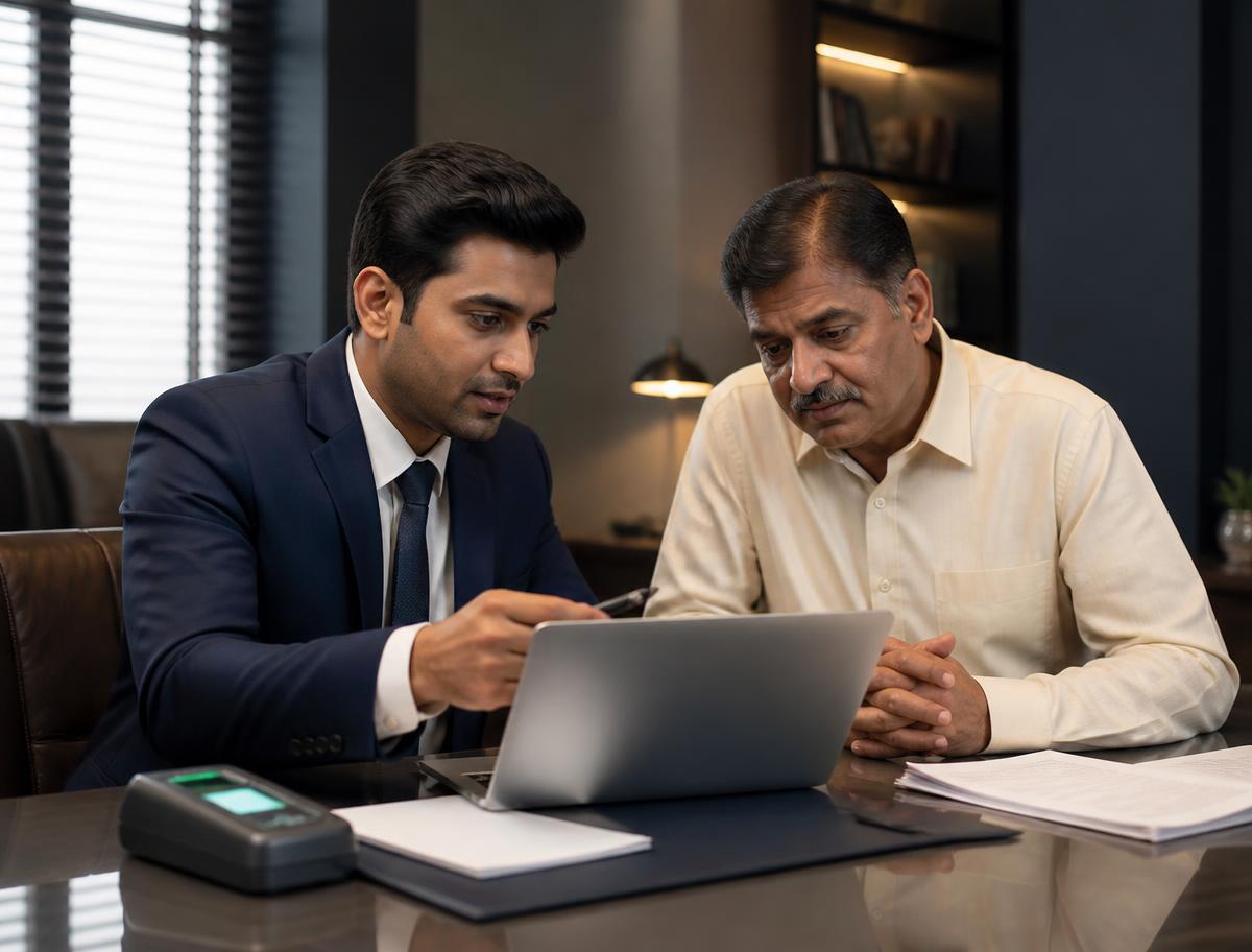 Legal consultant and client reviewing digital property registration on a laptop with a biometric verification device.