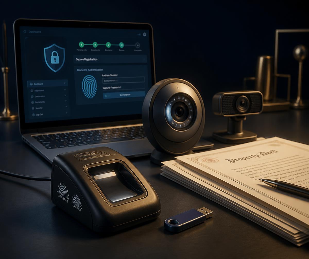 Biometric fingerprint scanner, iris capture device, high-resolution webcam, digital signature certificate token and a laptop showing a secure registration portal beside property documents.