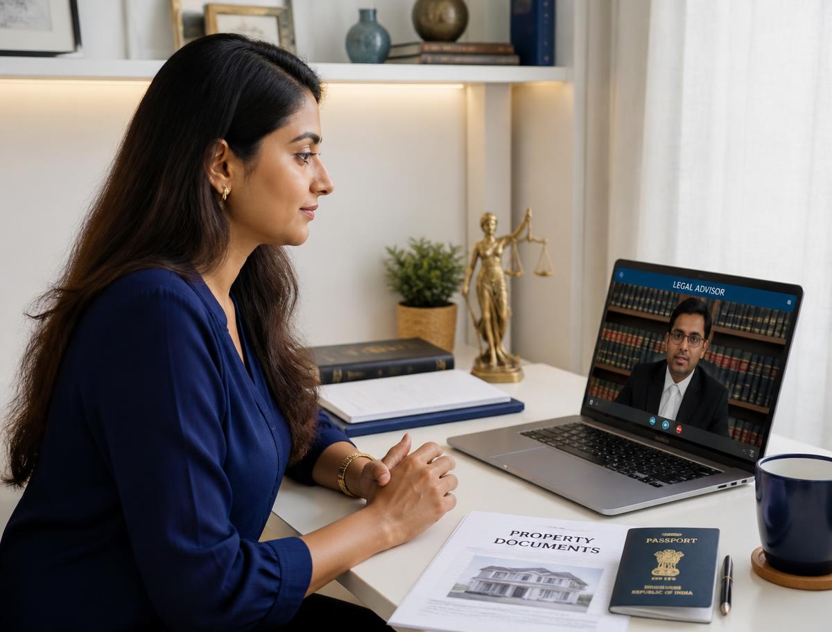 An NRI client seated at a home desk overseas, consulting a property legal advisor over a video call with her passport and property documents on the table.